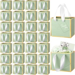 Yeaqee 50 Pcs Mini Metallic Foil Gift Bags with Handles 4x4. 75x2. 25'' Tiny Thank You Favor Bag Bulk with Tag for Father's Day Graduation Wedding Birthday Bridal Shower Party Favor(Sage Green, Gold)