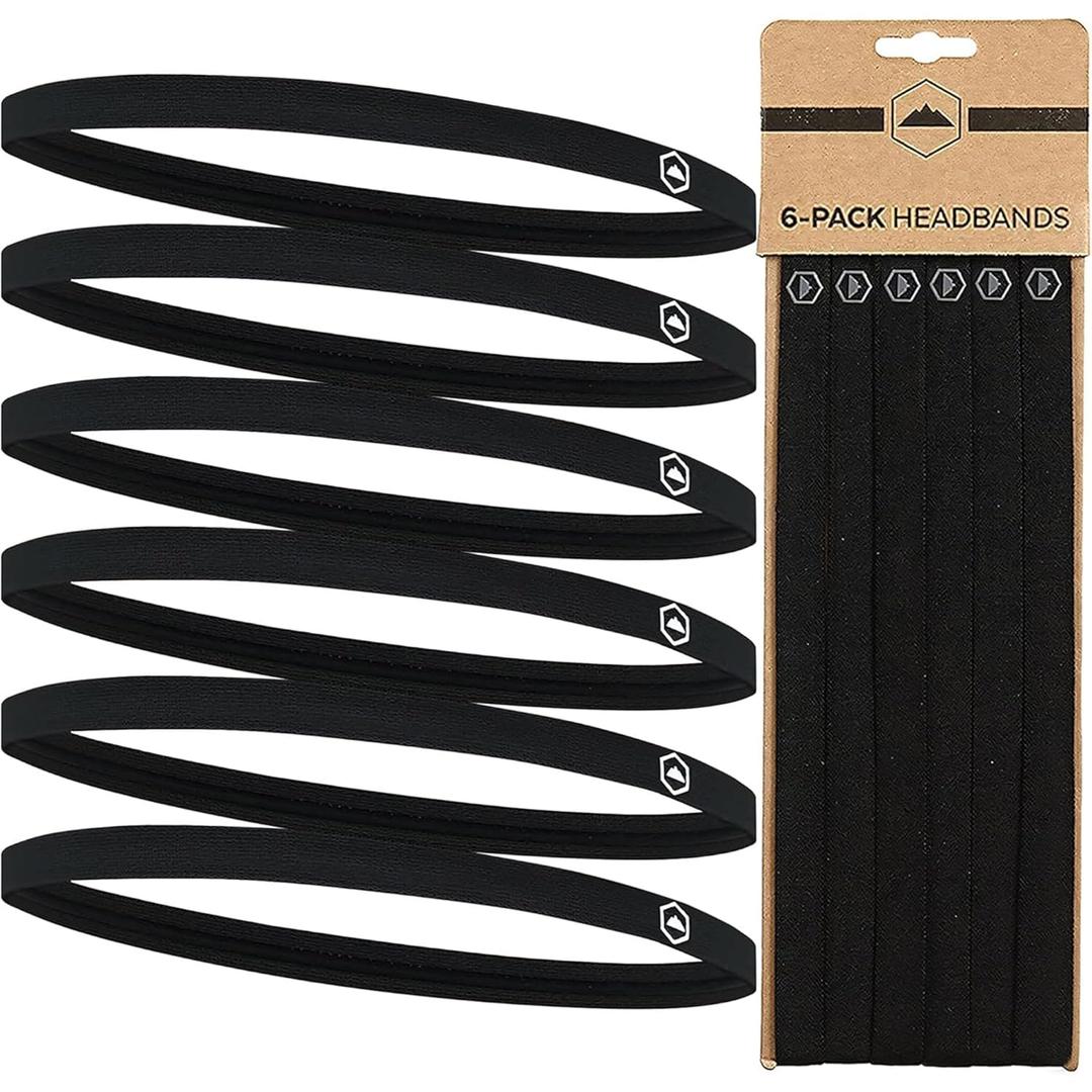 Tough Headwear Thin Elastic Headbands for Men - Sports Hair Head Band for Women & Men - Non Slip Mens Workout Headband - Running or Soccer Headband - 6-Pack (Black)