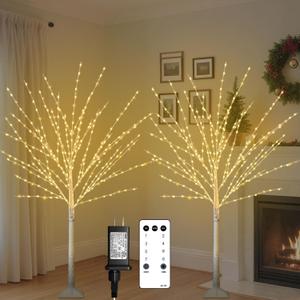 Remon 2Pack 4FT Lighted Birch Trees, Birch Tree with 400 LED Lights, 8 Flash Modes and Timer, Dimmable, Light Up Twig Christmas Tree for Indoor Outdoor Home Party Garden Wedding Decorations