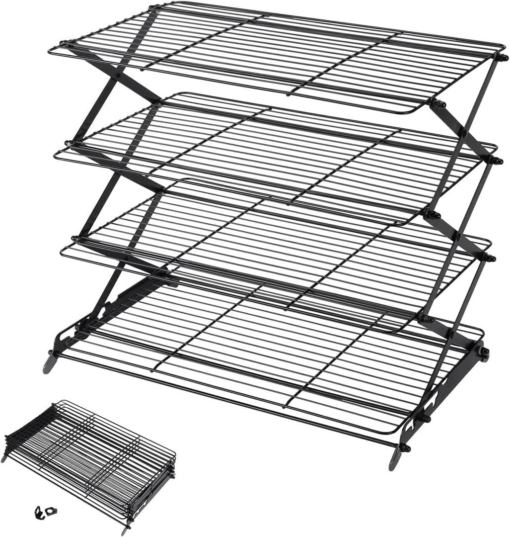 Geesta 4-Tier Upgraded Collapsible Cooling Rack with Adjustable 3 Setting Design Stackable Roasting Cooking Drying Wire Cooling Rack for Cookies Baking Gifts for Women (Black)