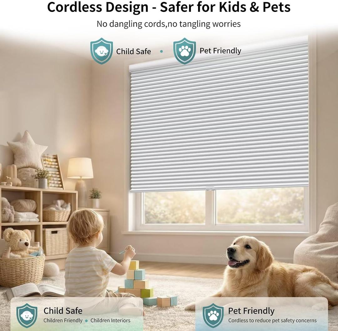 MYshade Cordless Blackout Cellular Shades for Windows, Honeycomb Window Shades with Thermal Insulation, Child & Pet Safe Room Darkening Shade, Easy Install,24" W x 48" H, White