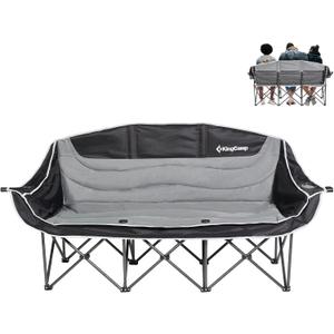 KingCamp 3 Person Camping Chair, Oversized 1100lbs Heavy Duty Loveseat for Adults Portable Folding XL 2 Person Couch Padded Comfortable Three Seat with Cup Holder for Outdoor Lawn Backyard, Black/Grey