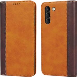for Samsung Galaxy S21 FE 5G Fashion Wallet Case, Two-Tone Magnetic Cover with Kickstand - Yellow with Brown