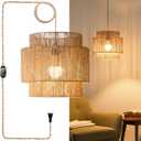 11.8" Boho Jute Plug in Pendant Light, Handwoven Natural Hanging Lamp Plug in with Dimmable Light Switch, Wicker Hanging Light Fixture for Bedroom Living Room Kitchen (No Bulb Included)