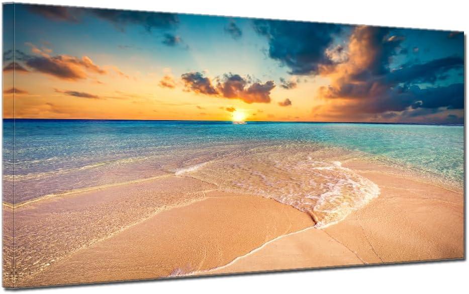 JXBYJP Large Seaside Wall Art Sunset over the Beach Bedroom Living Room BedRoom Beach Sea Wave Ocean Nature Picture Printed for Home Office Wall Decor Frame 20x40inch (40L" x 20W", Beach Artwork)