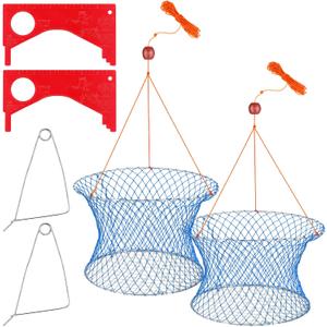 Windyun 2 Sets Crab Trap Bait Wire Grid Bottom Crab Nets Foldable Fishing Net Hand Casting Cage with Harness and Bait Clip, 24 x 20 x 12 Inch