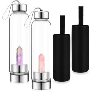 meekoo 2 Pieces Crystal Glass Water Bottle with Gemstone Center Natural Amethyst and Rose Quartz Clear Water Bottle Quartz Crystal Cup Energy Cup for Healing and Wellness