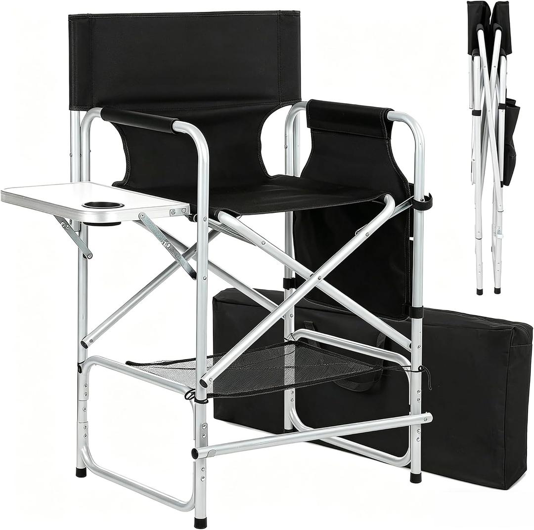 Makeup Artist Chair, 41'' Foldable Tall Directors Chairs w/Side Table Cup Holder Storage Bag and Footrest, Portable Makeup Chair, 400LBS Load Capacity, Black, 24 Inches X 19.5 Inches X 41 Inches