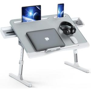 Laptop Bed Tray Desk, Foldable and Adjustable Lap Table with Heights and Angles, Upgraded-Sturdy Laptop Lap Desk for Bed/Sofa/Couch/Floor (2 Drawers, X-Large, Grey) (Gray)