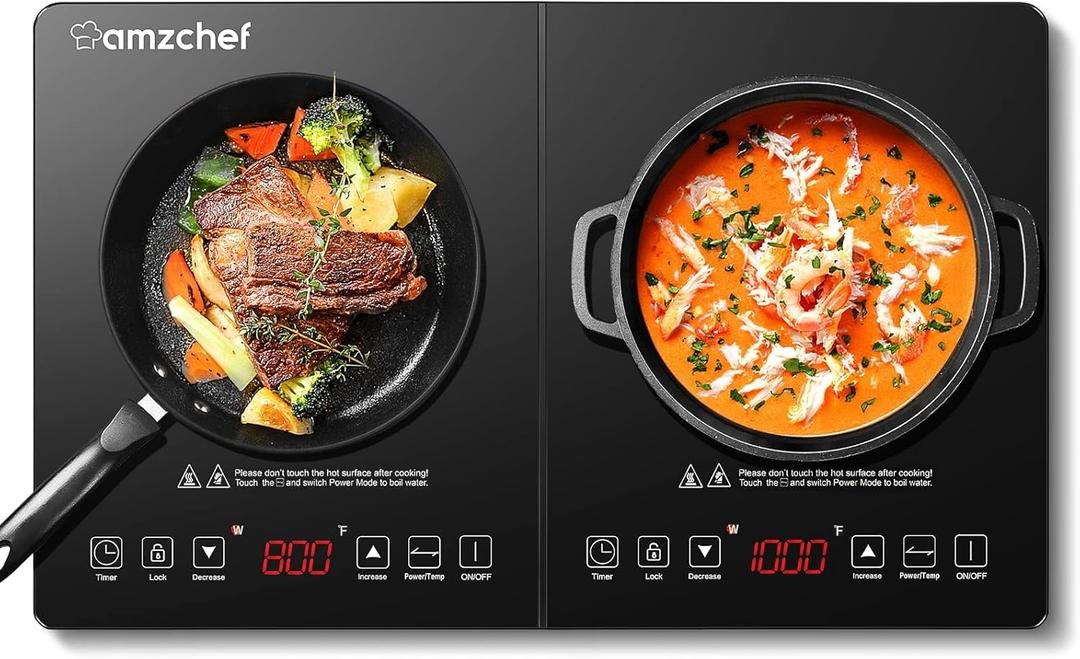 Double Induction Cooktop AMZCHEF Induction Cooker 2 Burners, Low Noise Electric Cooktops With 1800W Sensor Touch, 20 Temperature & Power Levels,Independent Control,3-hour Timer, Safety Lock (Silver)