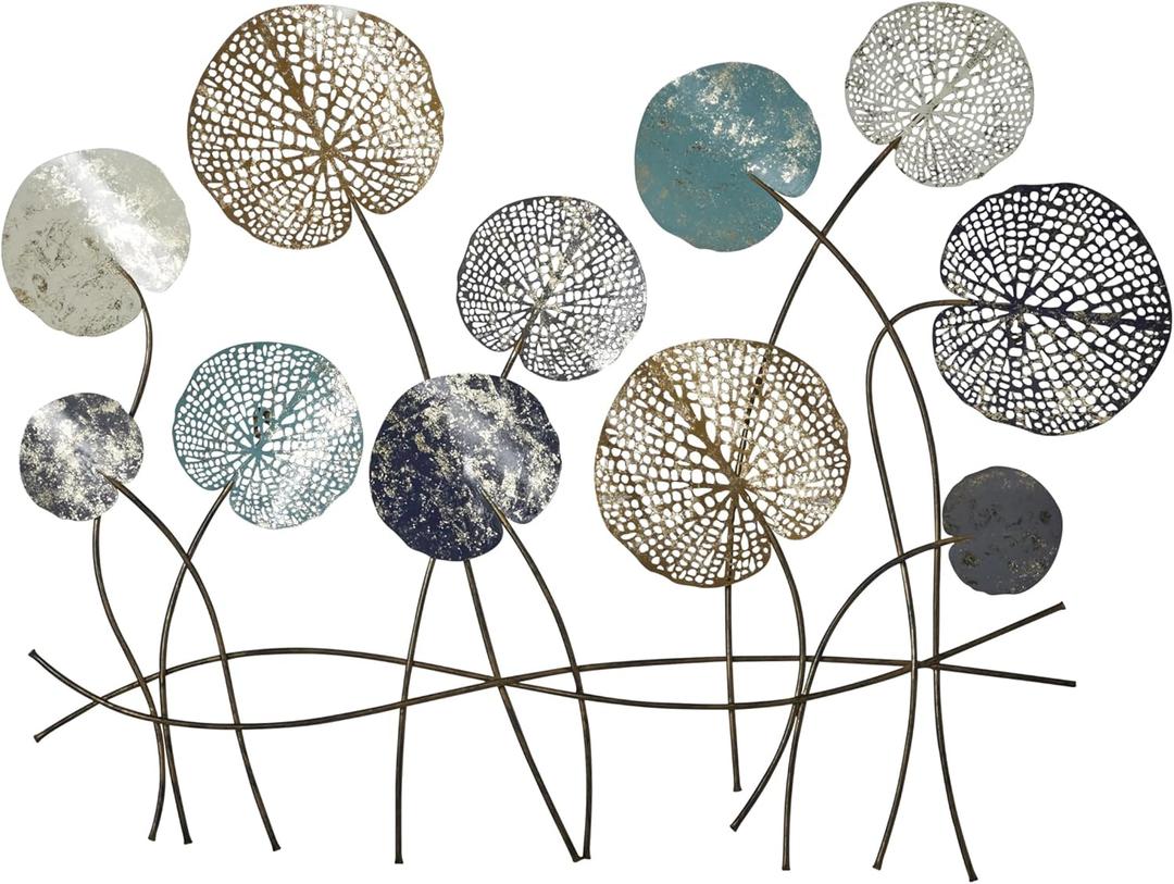 Deco 79 Metal Floral Home Wall Decor Cutout Wall Sculpture with Gold Foil Accents, Wall Art 38" x 1" x 29", Blue