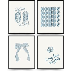 PLKMN Coastal Cowgirl Wall Art Prints Set of 4, Navy Blue Bow Coquette Trendy Preppy Room Decor, 8x10 Unframed