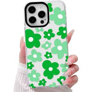 NITITOP Compatible with iPhone 14 Pro Case Cute Clear for Women Girls Green Flower Floral Pattern Ultra Slim with Bumper Protector Soft TPU Anti-Yellow Protective Phone Cover - Green