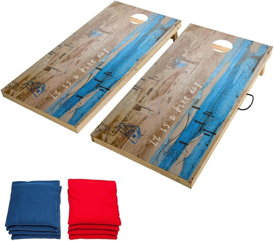 Solid Wood Premium Cornhole Game Set, Bean Bag Toss Game for Tailgate, Outdoor, Backyard - Professional Portable Cornhole Boards & Set of 8 Cornhole Bean Bags (Junior, Tailgate, Regulation Size) (Beach Printed: 2 x 4 FT)