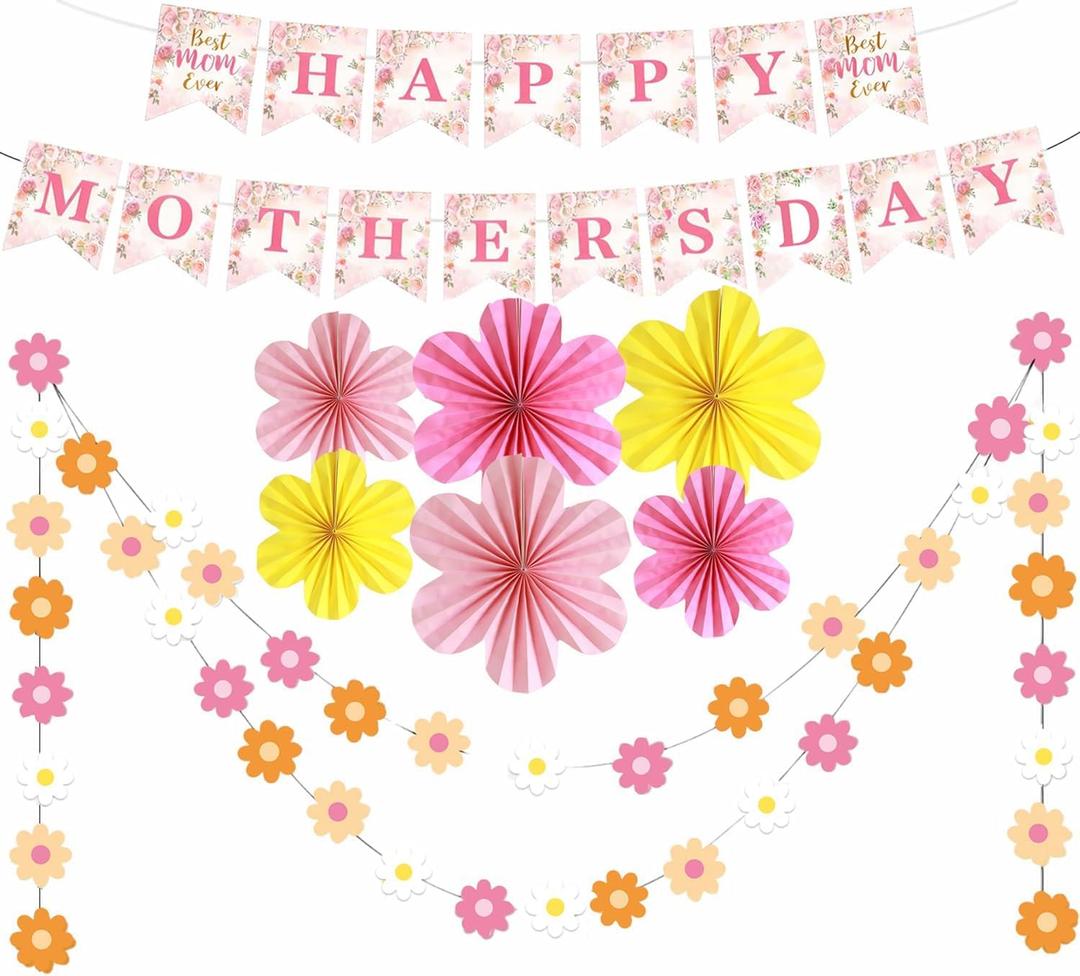 Mother's Day Decorations Party Supplies Kit - Floral Happy Mother's Day Banner, 6 Colorful Paper Fans, 2 Daisy Flower Garlands - Complete Set for Home Garden Celebration, Photo Backdrop Props