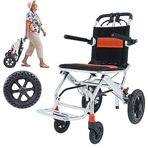 Portable Folding Wheelchair, Travel with handbrake, Ultra-Light Wheelchair for The Elderly and Children (with Bag) (12 inch PU Rear Wheel)