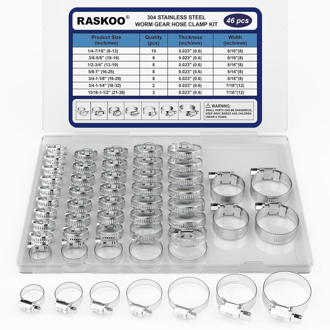 46PCS Premium Stainless Steel Hose Clamps Kit, 7 Size (1/4"-1-1/2") Adjustable Hose Clamp Assortment, Long-lasting Worm Gear Clamps for Fuel Line, Plumbing, Automotive, Mechanical Applications