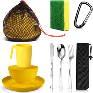 Scout Camping Mess Kit for 1 Person Boy Scout Dishes Set Girl Scout Mess Kit with Mesh Bag Reusable Light Weight Eating Utensils Plastic Camping Cutlery Set for Travel Camp (Yellow)