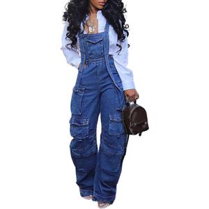 Vaceky Women's Bib Denim Overalls Elastic Waist Straight Leg Y2K Cargo Jeans Summer Jumpsuit with Pockets (Large, Blue)