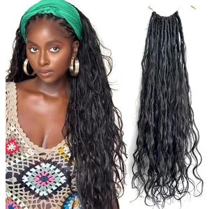 Francesca Hair Pre-looped Crochet Boho Faux Locs with Human Hair body wave Ends Boho Hair Braids Goddess Dreadlocks Hair for Black Women Natural Color 22 Inch (Pack of 2)