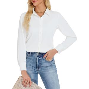 JTD Women's Button Down Shirts Long Sleeve Collared Blouses Wrinkle-Free Work Office Casual Chiffon Top (White)