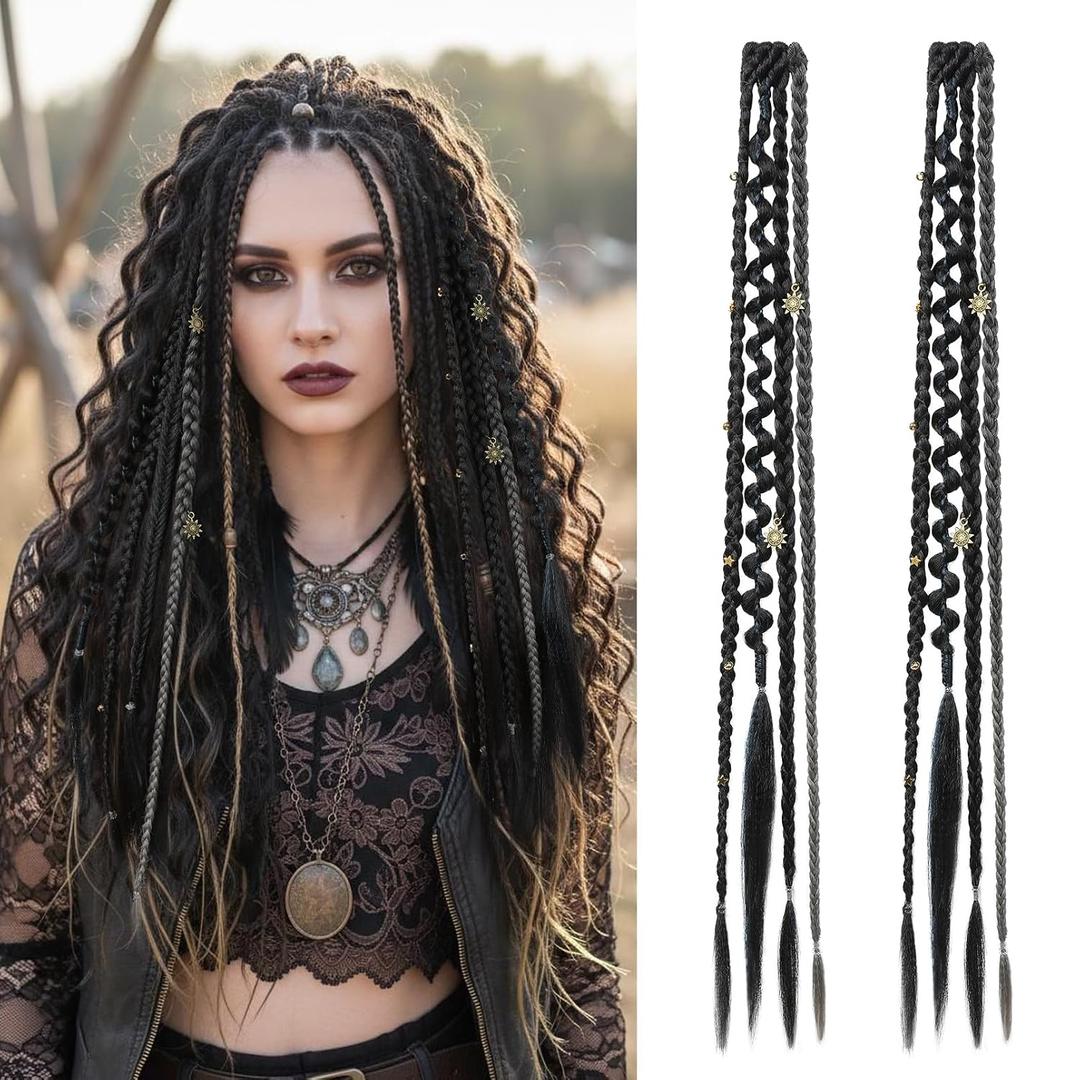REECHO Clip in Braid Hair Extensions for Women, 20" Boho Dreadlock Clip in Braids with Beads & Charms, 2PCS Synthetic Braided Hairpieces for Cosplay Daily, Black with Gray