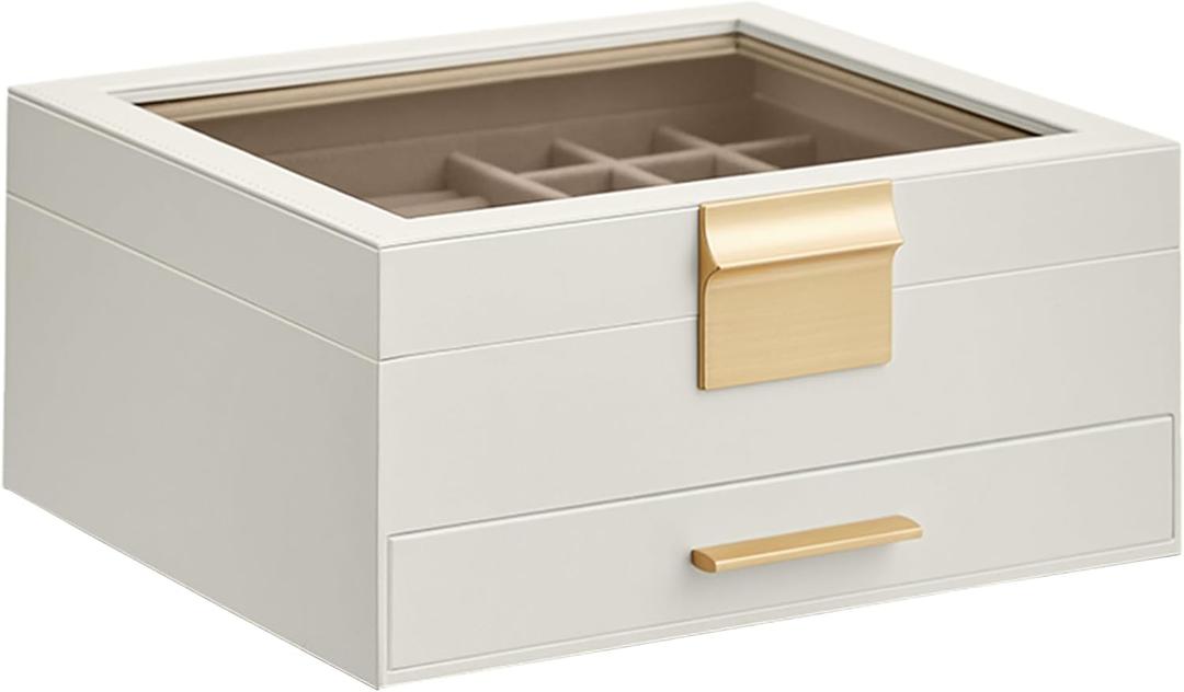 SONGMICS GISELLA Collection - Jewelry Box Organizer, 2-Layer Jewelry Storage with 1 Drawer, Shiny Metal Hardware, Glass Lid, Modern, 8 x 9.1 x 4.1 Inches, Cloud White and Gold Color UJBC174W01