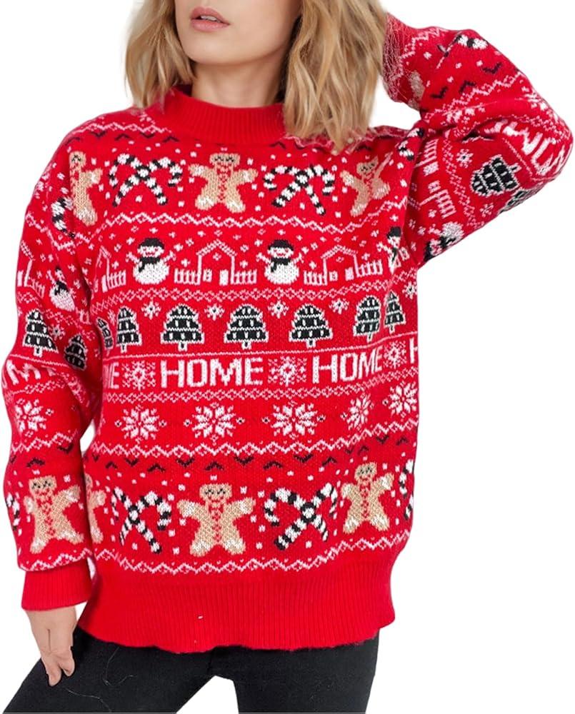 Women's Long Sleeve Pullover Christmas Ugly Sweater Winter Holiday Season Fashion Loose Red Snowman New Year Knitted Sweater (Medium)