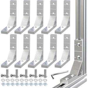 10 Sets 2020 Aluminum Extrusion Corner Brackets, Strong Heavy Duty L Shape Brackets with 40pcs M5 T-Slot Nuts, Screws, Gasket and Wrench (Silver)