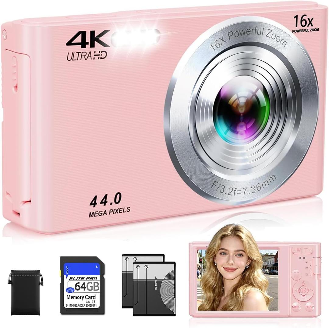Digital Camera,Upgraded FHD 4K Pink Digital Camera for Teens Girls,Compact Digital Cameras with 64GB Memory Card,2 Batteries,Small Camera with 16X Autofocus Digital Zoom for Vlogging