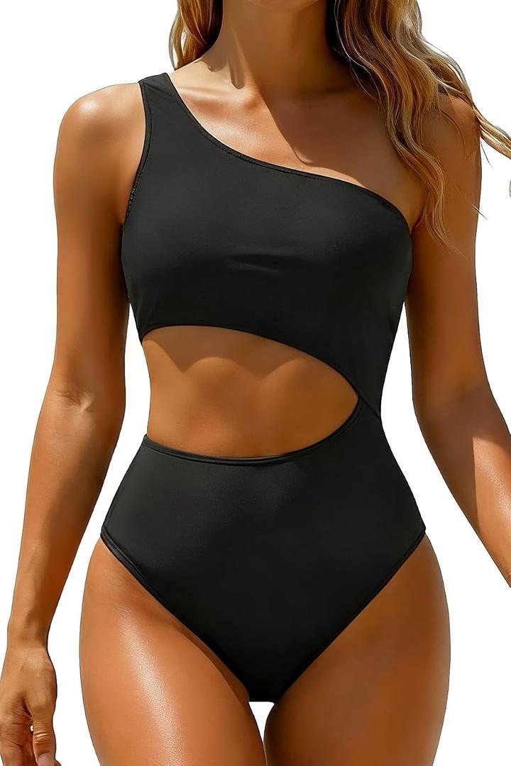 Women's One Piece Swimsuit- One Shoulder Bathing Suit Cutout Tummy Control Swimwear (Black, M)