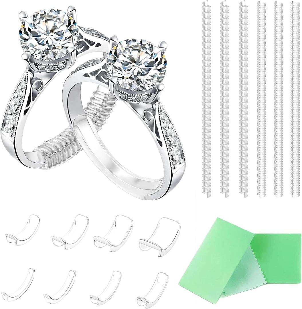 Invisible Ring Size Adjuster for Loose Rings Ring Adjuster Fit Any Rings, Assorted Sizes of Ring Sizer (14pcs) (2-in-1 Combo Pack: Snap-On Guards + Coils (14 pcs))