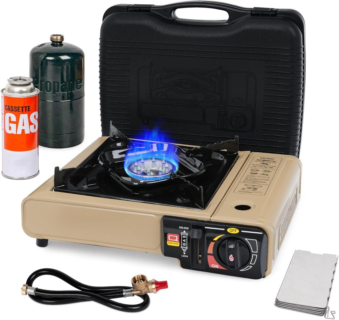 SHINESTAR Dual Fuel Camping Stove with Butane & Propane Compatibility, Portable Stove for Outdoor Cooking, Propane Adapter Hose, Wind Guard and Carrying Case Included (Fuel Not Included)