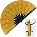 Glitter Large Rave Folding Clack Hand Fan with Holster for Men Women Handheld Fan for EDM,Festival,Club,Party,Dance (Golden, 11")