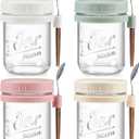 LANDNEOO 4 Pack Overnight Oats Containers with Lids and Spoons, 16 oz Glass Mason Jars with Airtight Lids, Overnight Oats Jars for Milk, Cereal, Fruit (Light Colors)