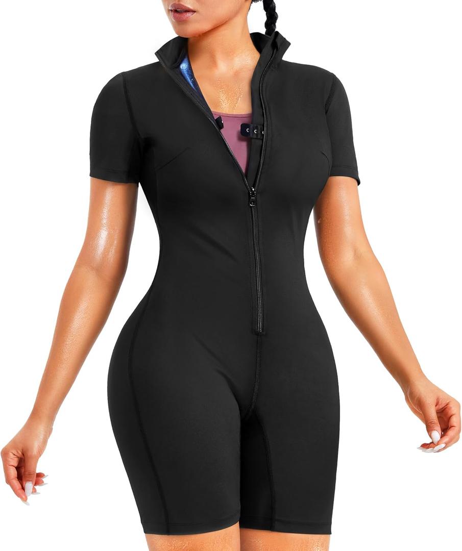 Junlan Sauna Suit for Women Full Body Jumpsuit Waist Trainers for Women Belly Fat Workout Sweat Suit (Medium, Black)