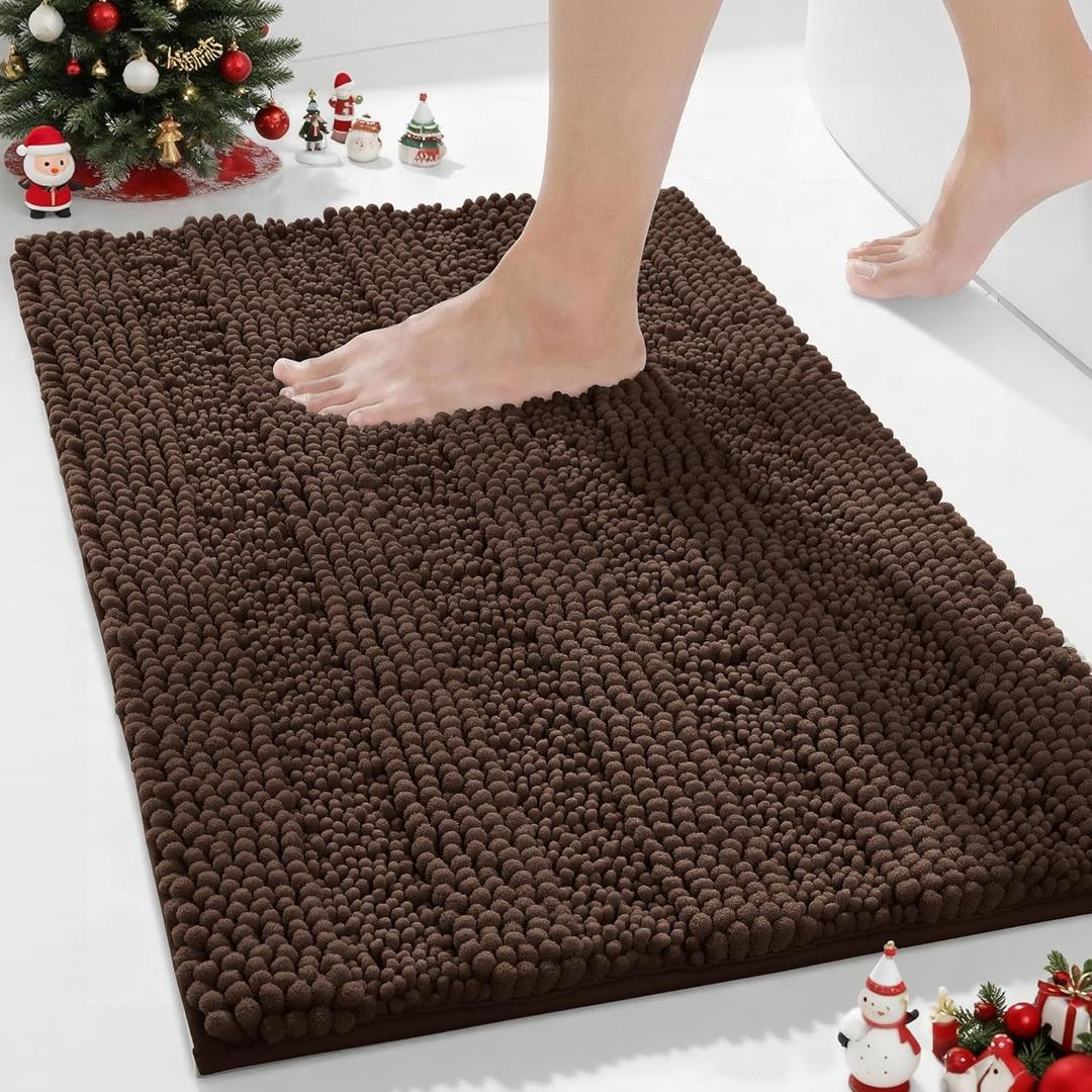 Yimobra Bathroom Rug Mat, Non Slip and Super Absorbent Bath Mat, Machine Washable Quick Dry, Ultra Plush Chenille Shower Rugs for Bathroom Floor Sink Tub and Shower Outside, Brown, 24 x 17