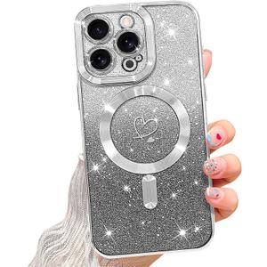 NITITOP Compatible with iPhone 16 Pro Max Case Cute Clear Glitter [Compatible for MagSafe] Sparkle Bling Magnetic Plating Heart Girl Women Electroplated Frame Camera Protection Back Cover - Silver