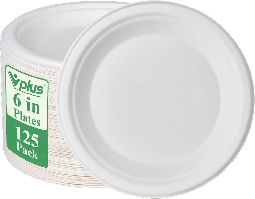 Vplus 125 Pack 6 inch Paper Plates 100% Compostable, Heavy-Duty Disposable Paper Plates Bagasse Natural Biodegradable Eco-Friendly SugarcaneWhite