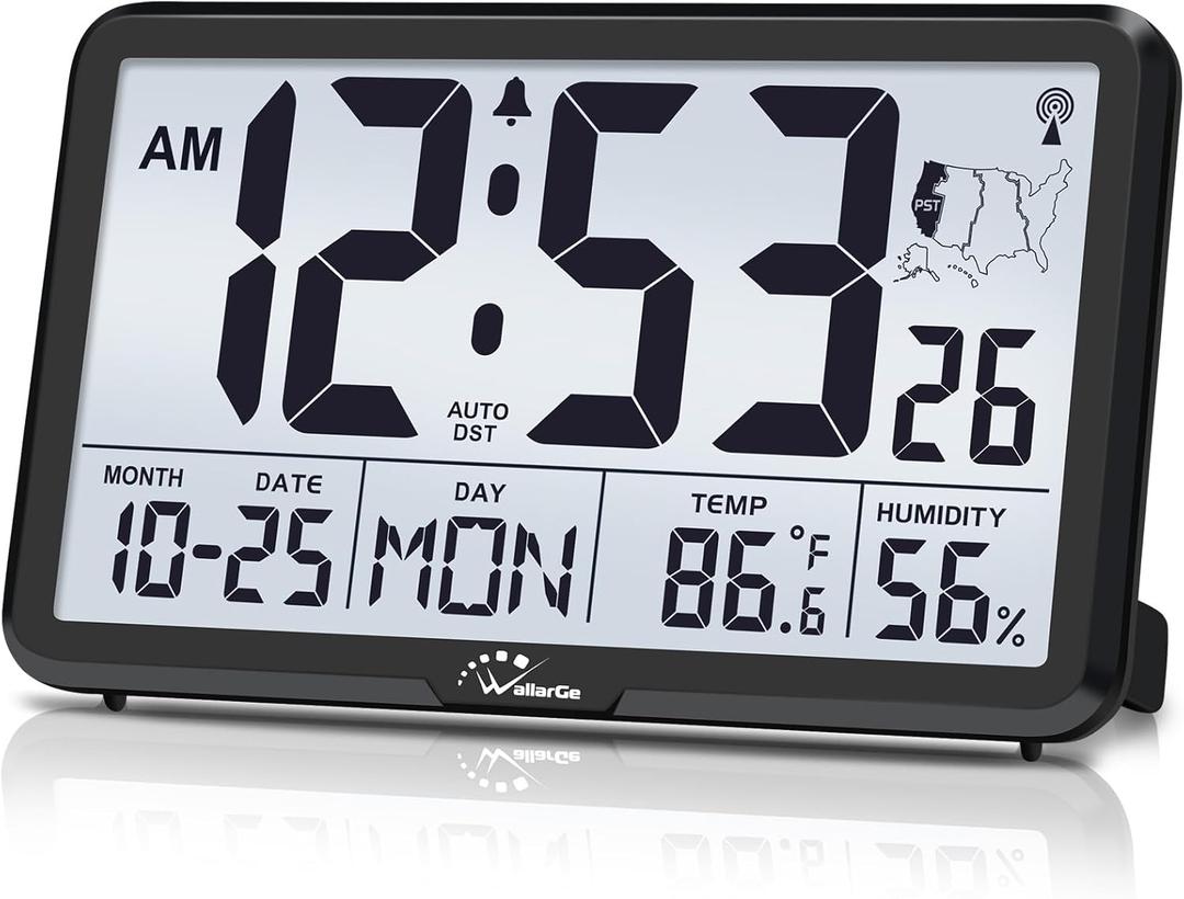 WallarGe Atomic Wall Clock with Backlight, Digital Wall Clock Battery Operated for Classroom, Bedroom, Office, Large Display with Indoor Temperature, Humidity, Date, AUTO DST, 6 Time Zones (Black)