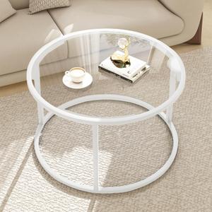 Round Glass Coffee Table for Living Room,Minimalist Modern Center Table with Metal Frame for Small Space,Easy Assembly,27 x 27In, White, Round-27.3in
