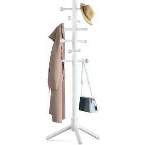 Wooden Coat Rack Freestanding with 12 Hooks 3 Adjustable HeightsStanding Coat Rack Tree for Hat and Coat Rack for Small Spaces Entryway,Office,Bedroom,White