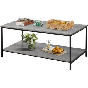 SENIG 2-Tier Coffee Table with Storage Shelf for Living Spaces, Grey Oak Rectangle Wood and Sturdy Metal Side End Table, Functional Center Table for Living Room, 39.3 x 20 x 16