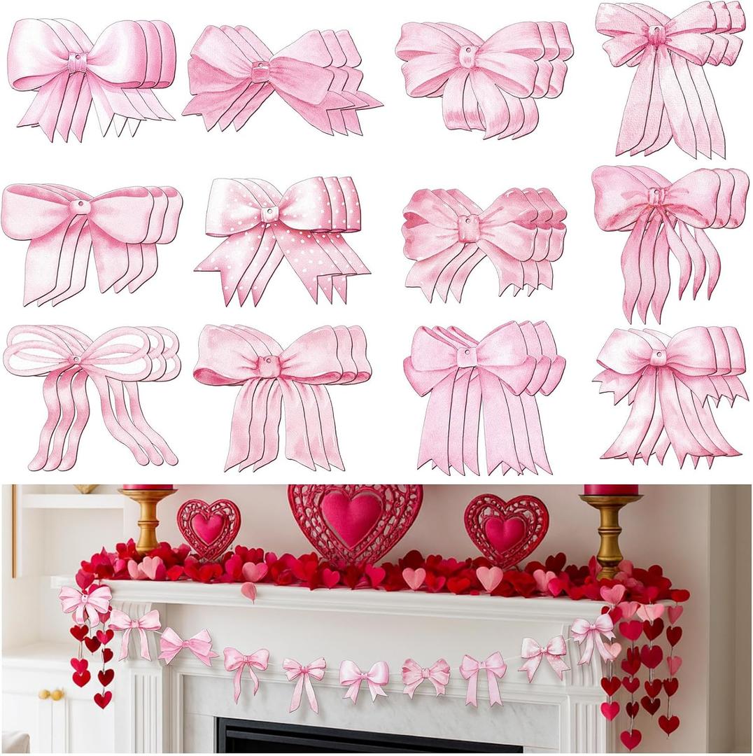 Bucherry 36 Pcs Valentine's Day Wooden Pink Bow Ornaments 3.54 Inch Double Sided Valentines Tree Decorations Coquette Bow 3D Hanging Pendants for Home Party Decoration