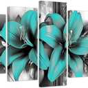 CXHOSTENT Large Floral Canvas Wall Art 5 Pieces Lily Pictures Prints Abstract Flower Painting Framed Artwork Modern Bedroom Gallery Wall Decor (Teal, 16"x24"x2 16"x32"x2 16"x40"x1)