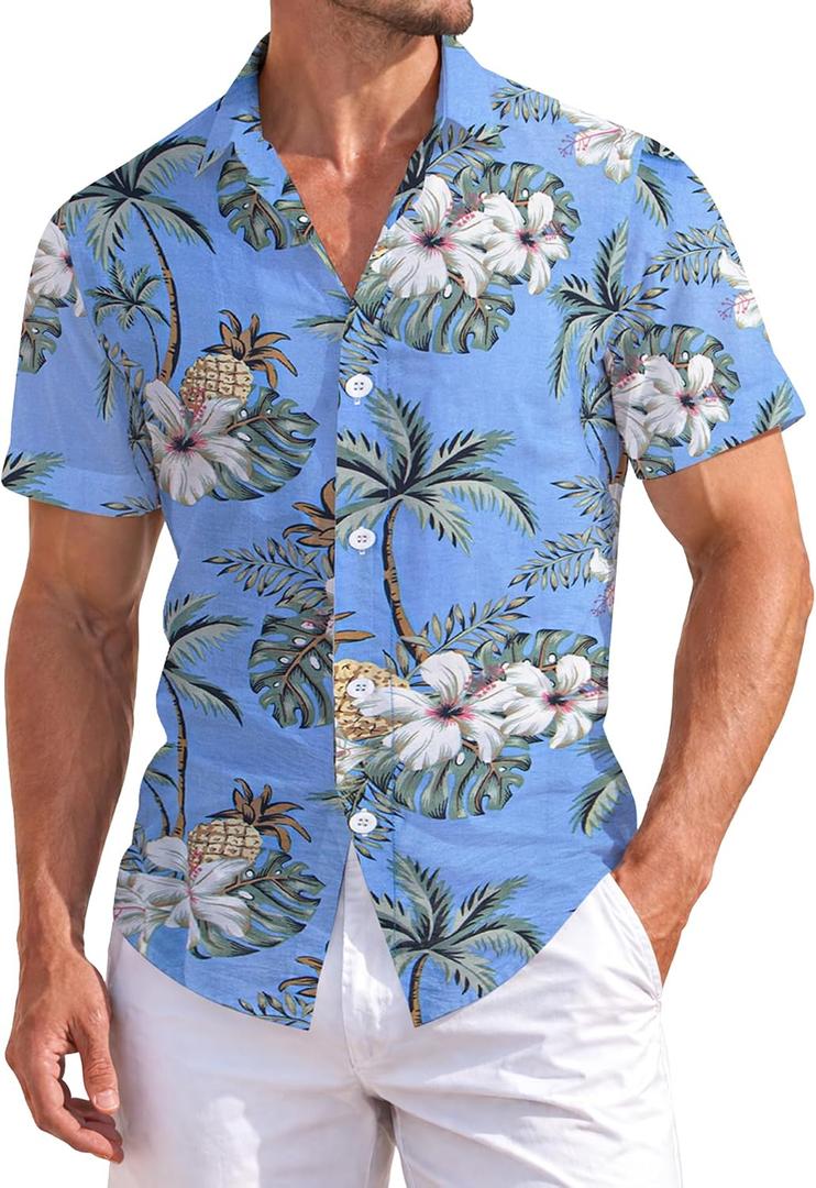 Weecreeture Floral Hawaiian Shirt for Men Summer Button Up Shirt Short Sleeve Mens Beach Tropical Casual Aloha Shirt (Blue, XXXL)