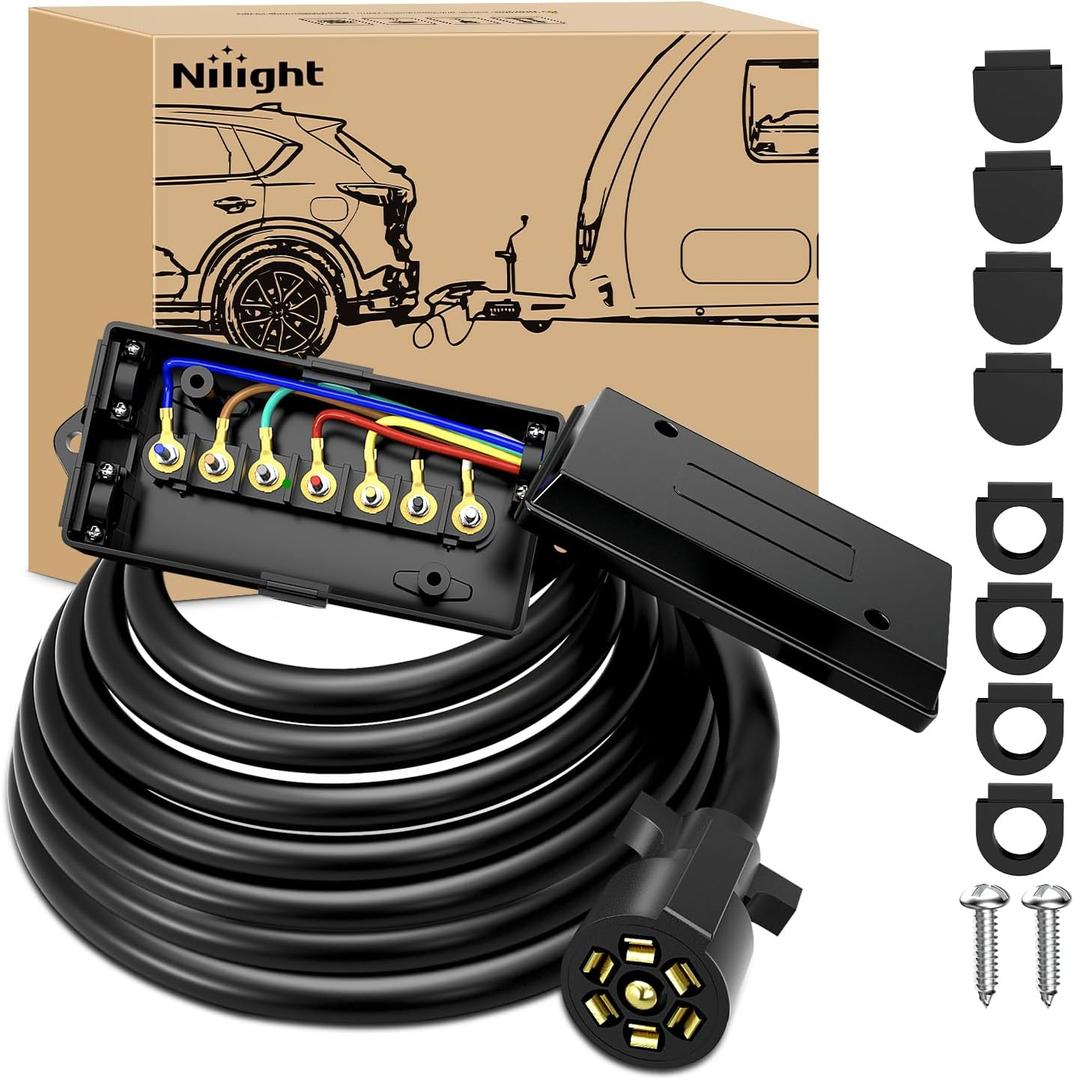 Nilight Heavy Duty 7 Way Inline Trailer Plug with 7 Gang Weatherproof Junction Box - 16 Feet Connector Cable Wiring Extension Harness Suitable for RV Automotives Cars