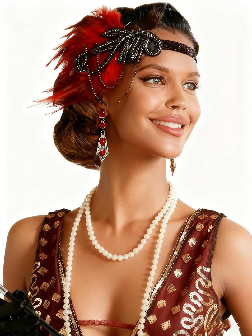 Tongcloud 1920s Flapper Feather Headband with Rhinestones Beaded Great Gatsby Headpiece for Women Showgirl Halloween Cosplay Party (Wine red, Medium)