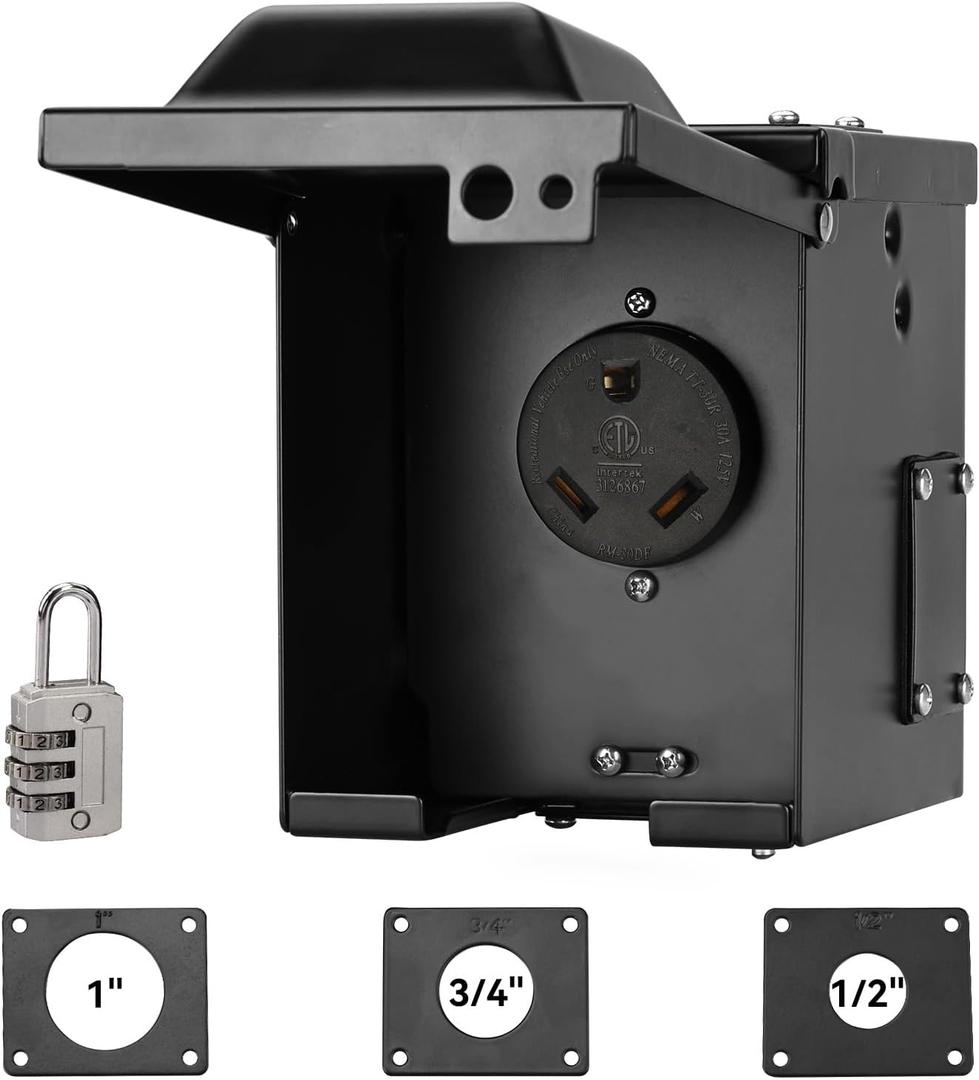 30 Amp RV Outlet Box Pre-Drilled, 125 Volt NEMA TT-30R RV Plug, ETL Listed, Enclosed Lockable Weatherproof Outdoor Electrical Receptacle Panel for RV/EV Camper Travel Trailer, Black