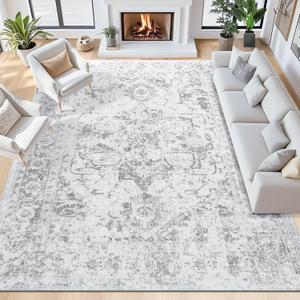 5x7 Area Rugs for Living Room, Large Washable Vintage Gray Living Room Rug, Soft Non-Slip Stain Resistant Throw Carpets for Dining Room Bedroom Office Farmhouse Home Decor, Light Grey